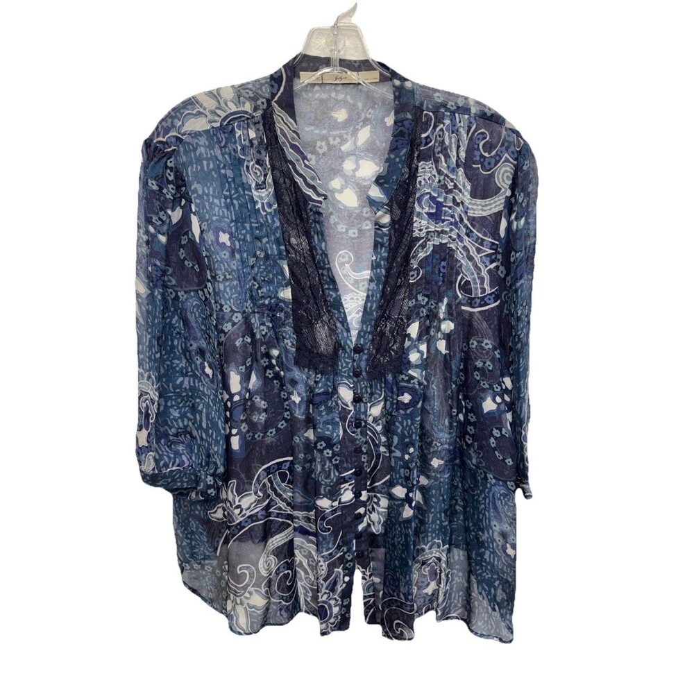 Gibson paisley sheer Silk Lace Top Blue V Neck 3/4 Sleeve Button Floral Pleat 2X